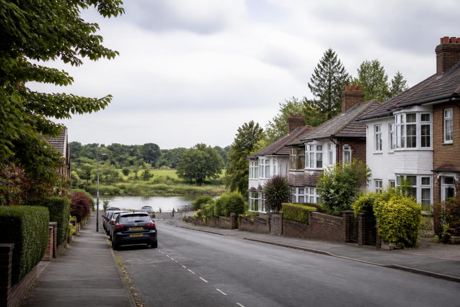 Birstall suburban street of 1930s semi-detached houses overlooking the River Soar