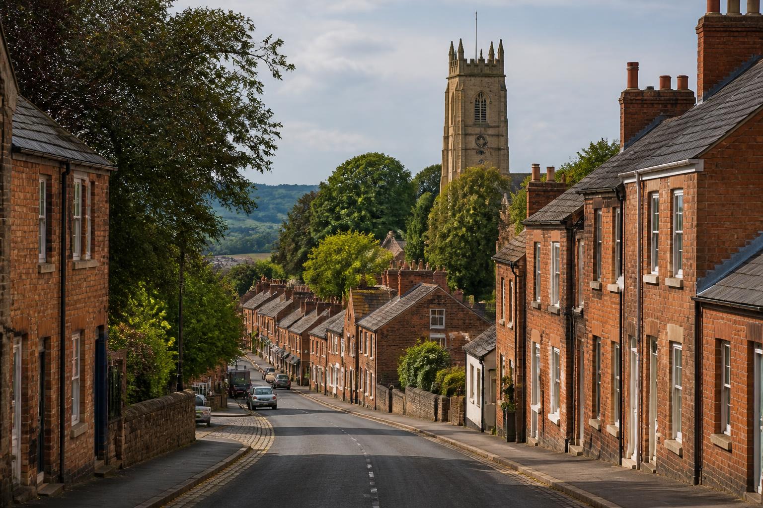 Earl Shilton hillside high street with the parish church of St Simon and St Jude