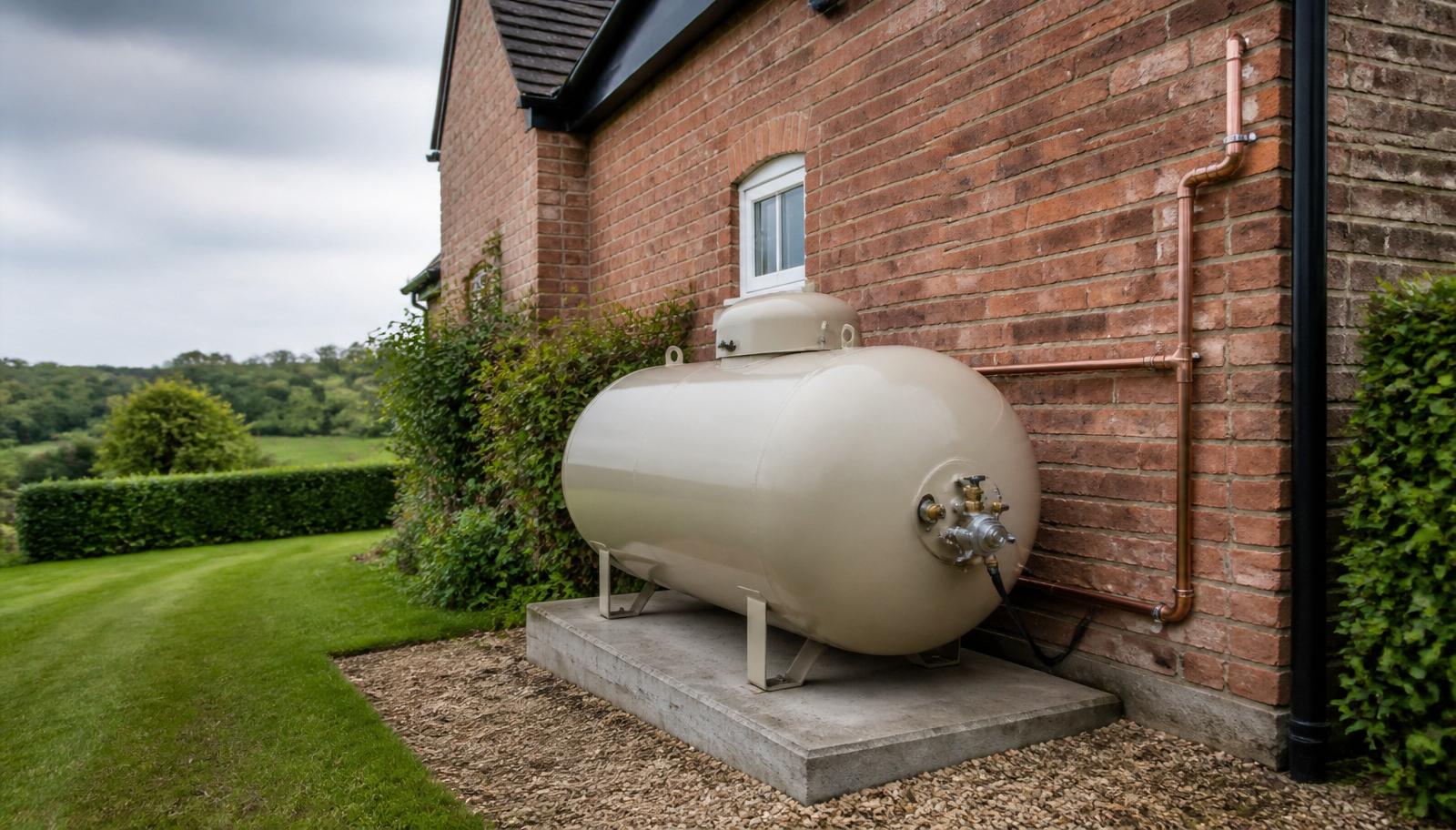 Large beige LPG bulk storage tank on a concrete plinth beside a rural UK brick property with copper supply pipework