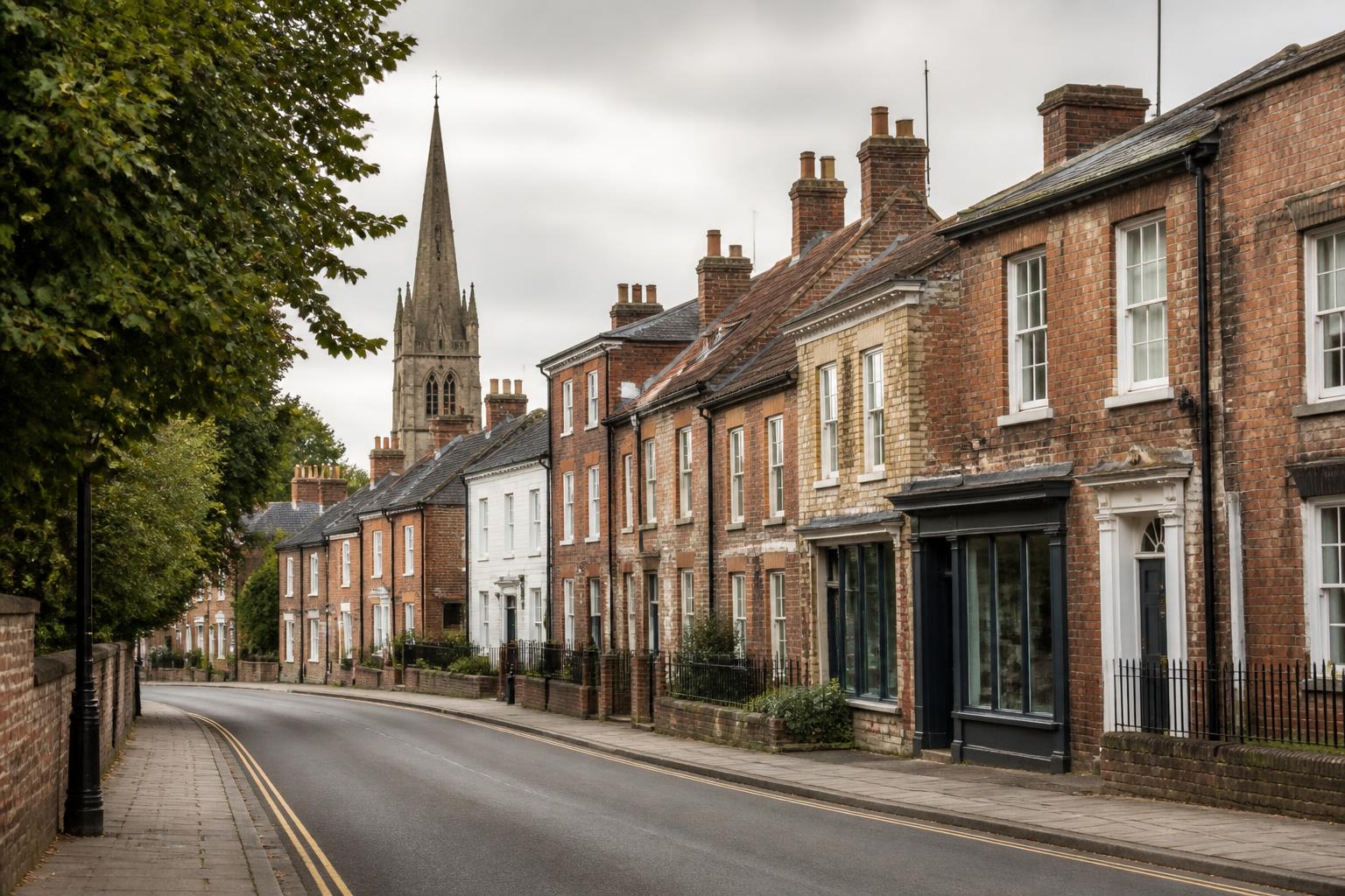 Blaby village street with traditional red-brick houses and parish church spire