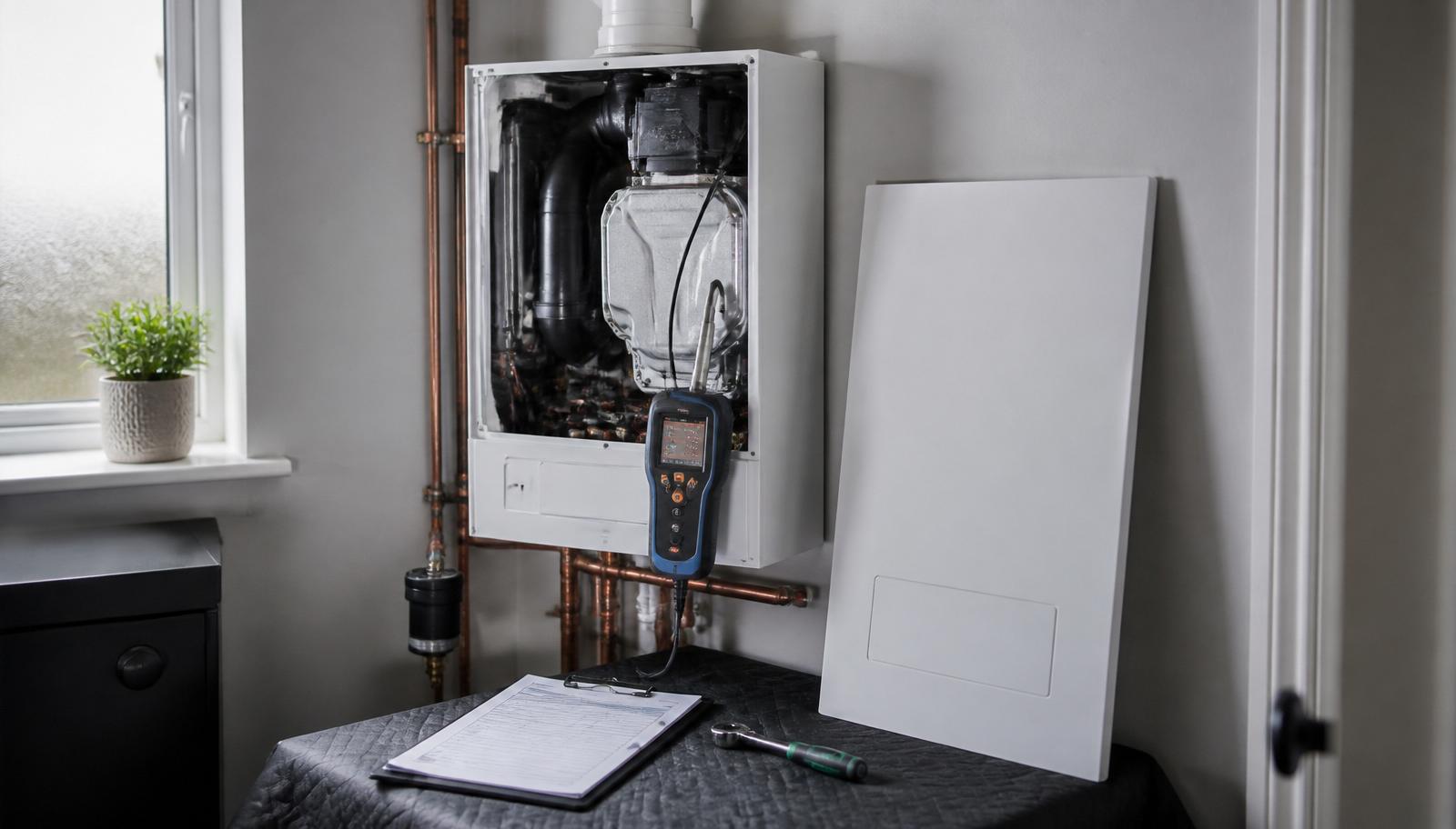 Combi boiler with front cover removed for annual service, flue gas analyser probe inserted into the flue test point