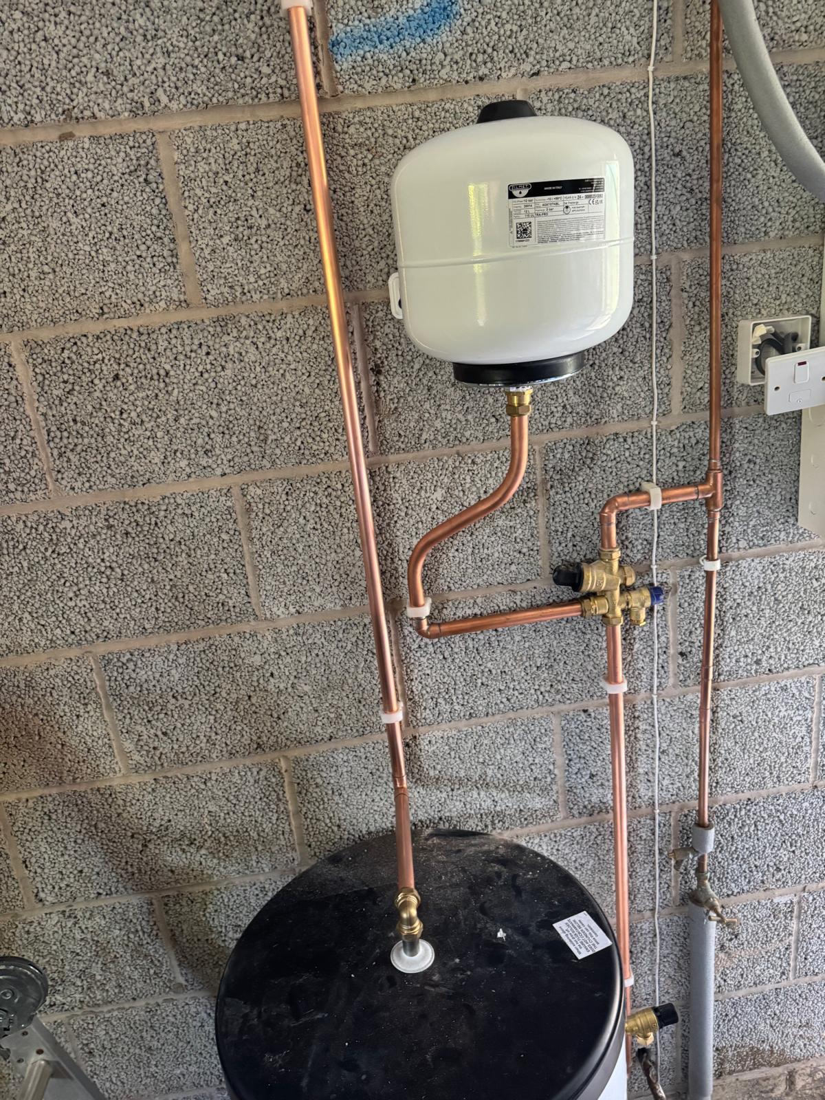 Completed expansion vessel and copper pipework installation in Leicestershire