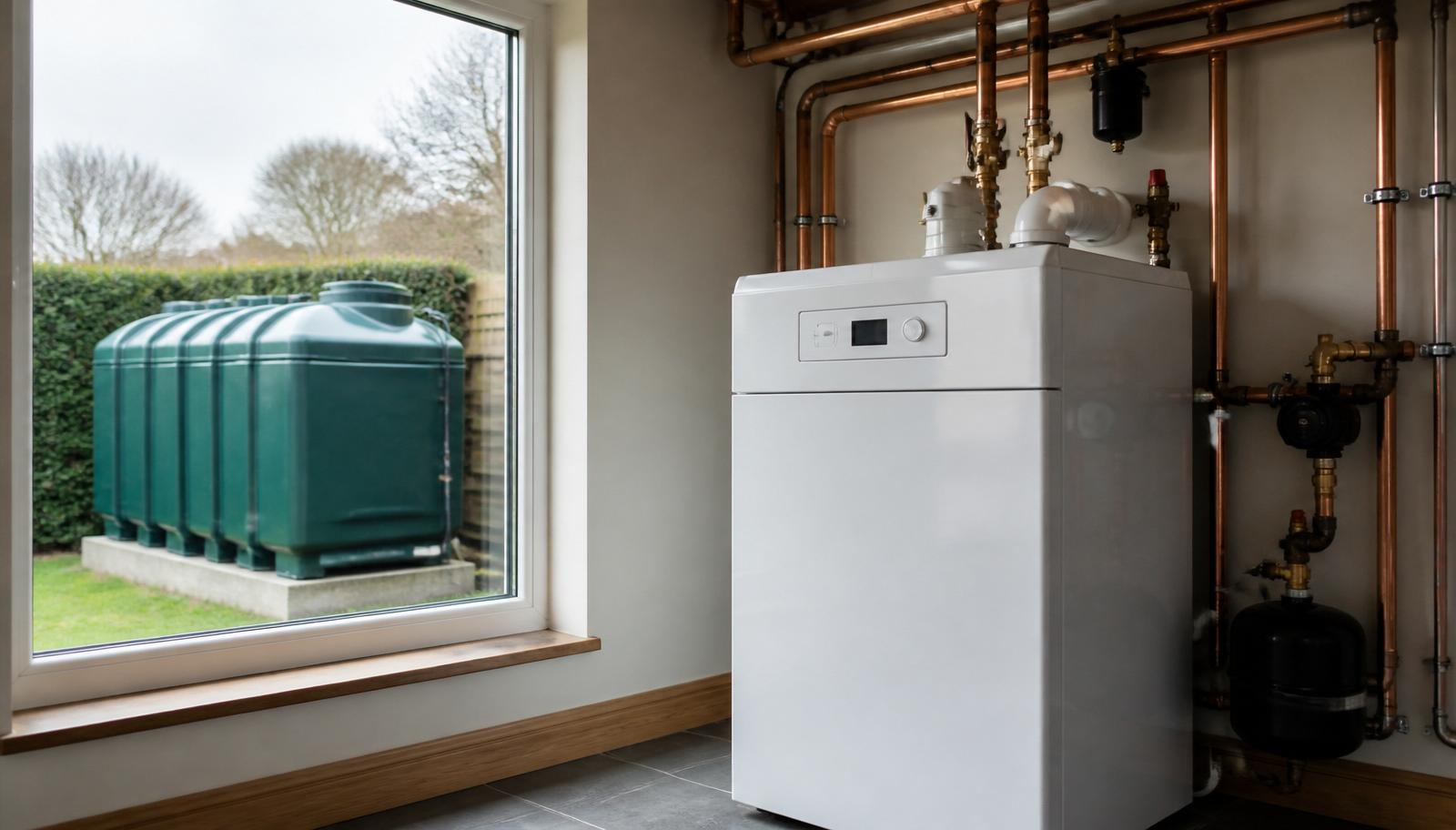 Floor-standing oil-fired boiler with copper pipework indoors and a green bunded oil storage tank visible through the window